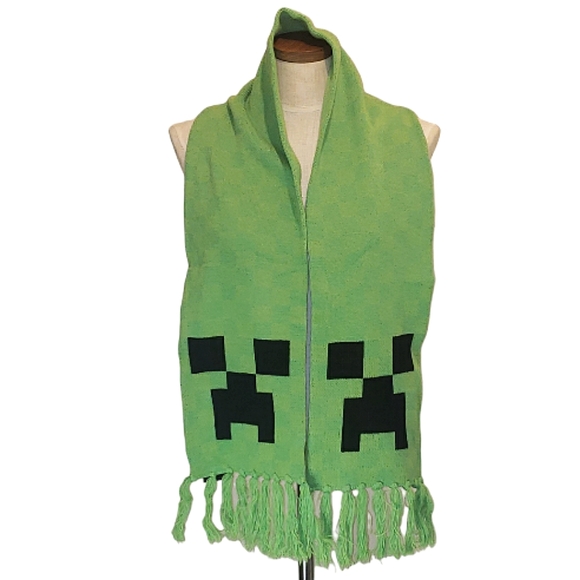 J¡NX Minecraft Creeper Face Fringe Ends Acrylic Knit Scarf Unisex Green Black OS - Picture 2 of 15